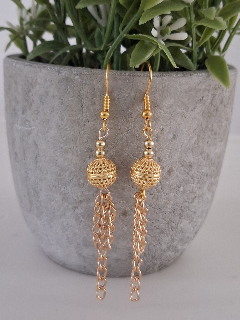 Gold Drop Filigree Ball Chain Dangle Earrings - Women Jewelry